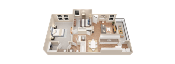 a 3d floor plan of a home with a bedroom and living room