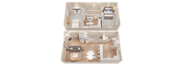 a stylized view of a bedroom and a living room with two different floor plans