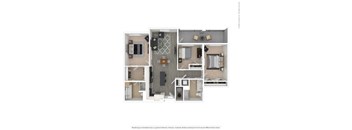 A floor plan of a two-bedroom apartment with a living room, kitchen, and bathroom.