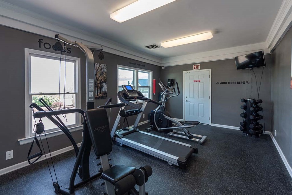a gym with weights and cardio equipment in a home gym
