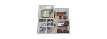 a stylized floor plan with a bedroom and living room