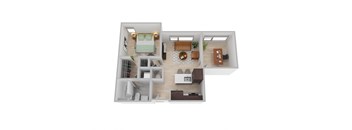 a stylized floor plan with a bedroom and living room