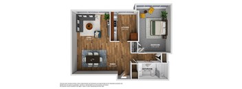 A floor plan of a small apartment with a living room, kitchen, dining room, and bathroom.