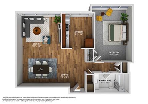 A floor plan of a small apartment with a living room, kitchen, dining room, and bathroom.