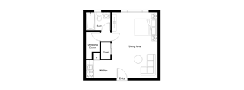 A floor plan of a small apartment with a kitchen, bathroom, and living area.