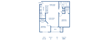 2BR 1BA 863 sq ft