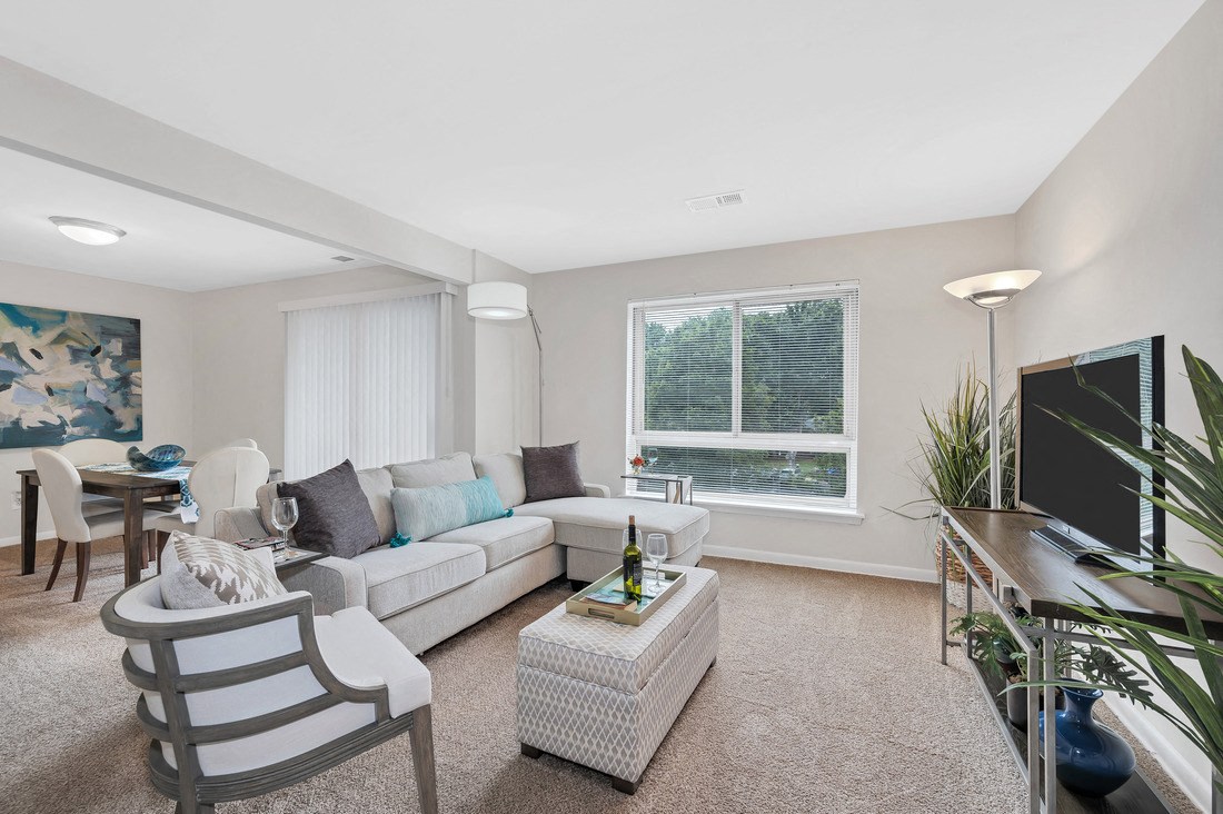 a living room with beige walls and carpet