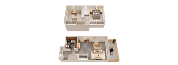 a rendering of the living room and dining room of an apartment