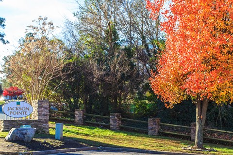 the entrance pointe in front of a tree with orange leaves