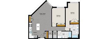 the floor plan of a bedroom apartment with a bathroom and a living room