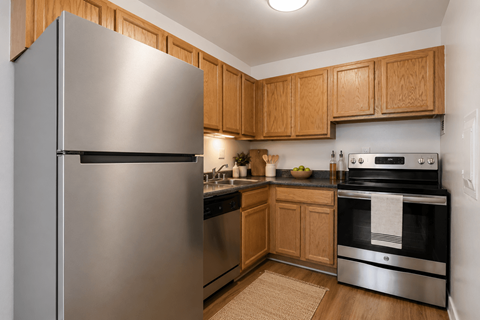 A modern kitchen with a stainless steel refrigerator and oven.