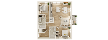 a stylized floor plan of a house with a bedroom and living room