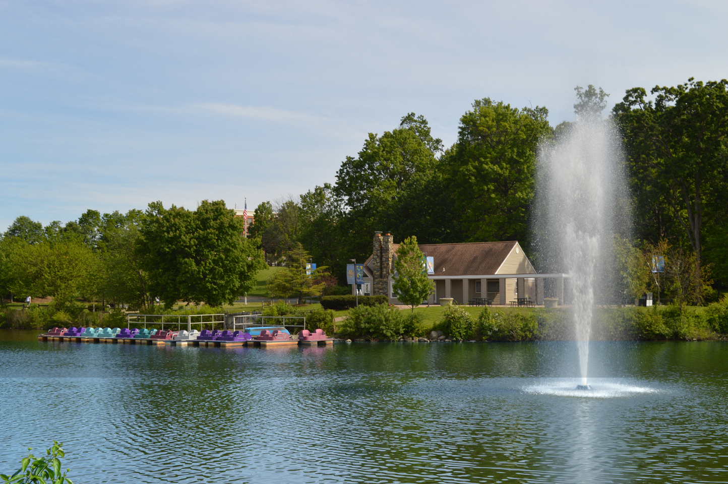 a fountain in the middle of a lake with boats on it