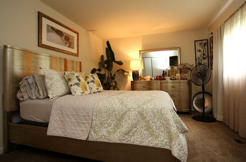 a bedroom with a bed and a dresser and a window