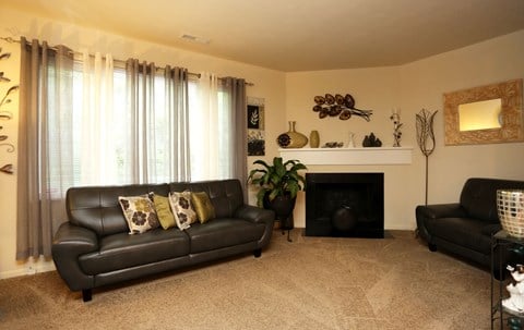 a living room with black leather furniture and a fireplace