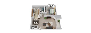 A 3D rendered image of a house layout.