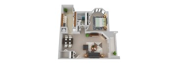 A 3D floor plan of a house with a kitchen, living room, dining room, and bathroom.