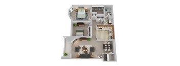 A 3D floor plan of a house with a living room, kitchen, and bathroom.