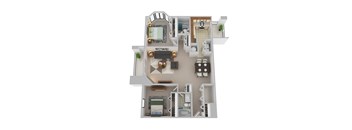 A 3D floor plan of a house with a kitchen, living room, and bathroom.