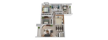 A 3D floor plan of a house with a living room, kitchen, and bathroom.