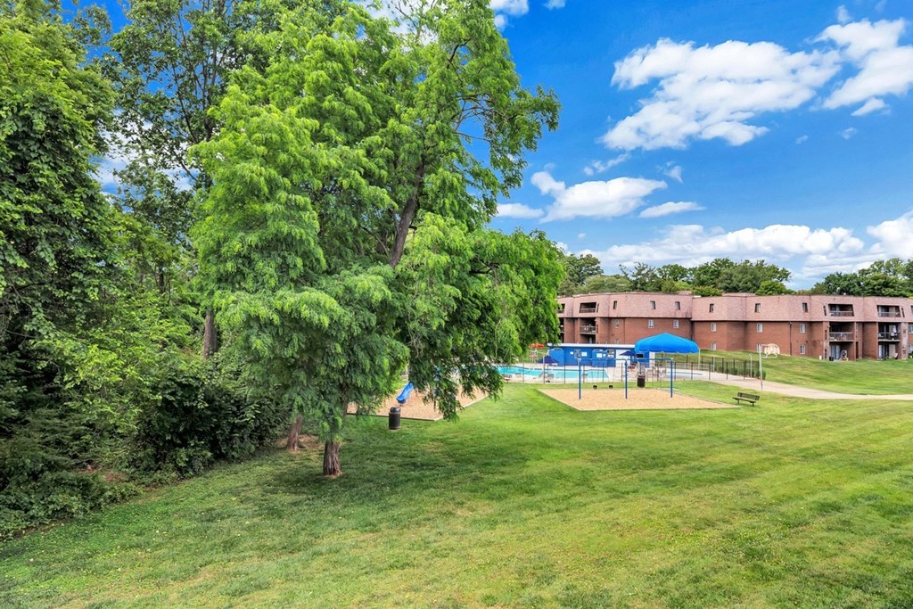 a grassy area with trees and a building in the background