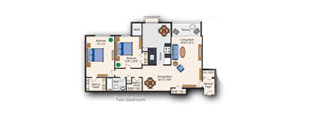 a floor plan of a house with two bedrooms and two bathrooms