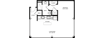 A floor plan of a small apartment with a living room, kitchen, bathroom, and bedroom.