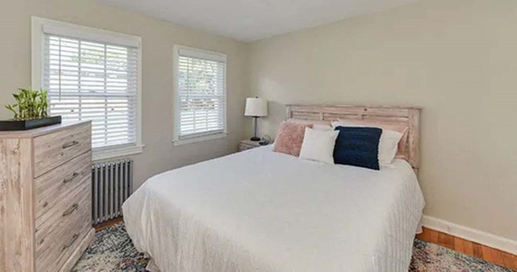 a bedroom with a bed and a dresser and two windows