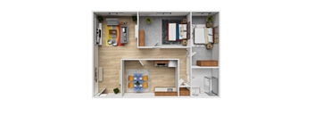 A top-down view of a small apartment with a kitchen, living room, and bathroom.