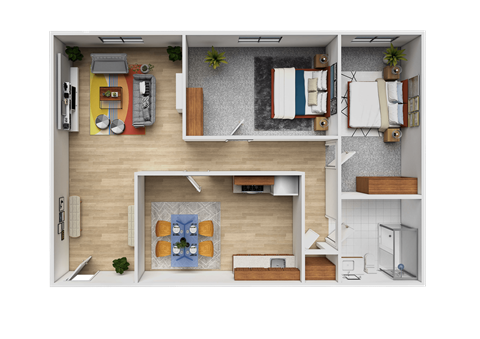 A top-down view of a small apartment with a kitchen, living room, and bathroom.