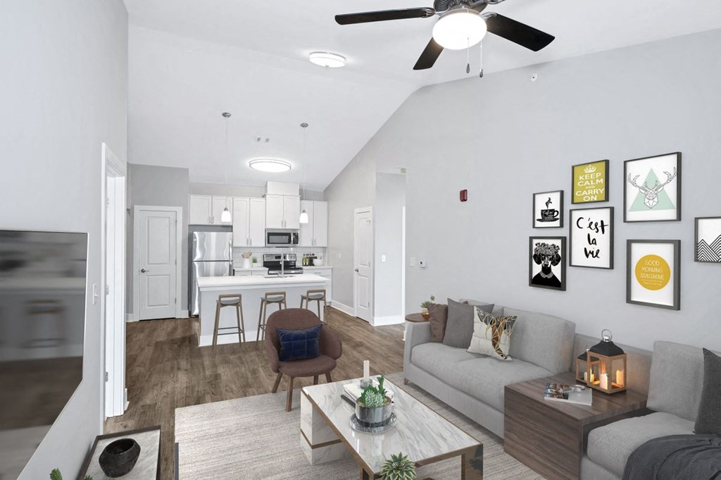 The living room in the Sandstone floor plan at Overlook at Riverside.