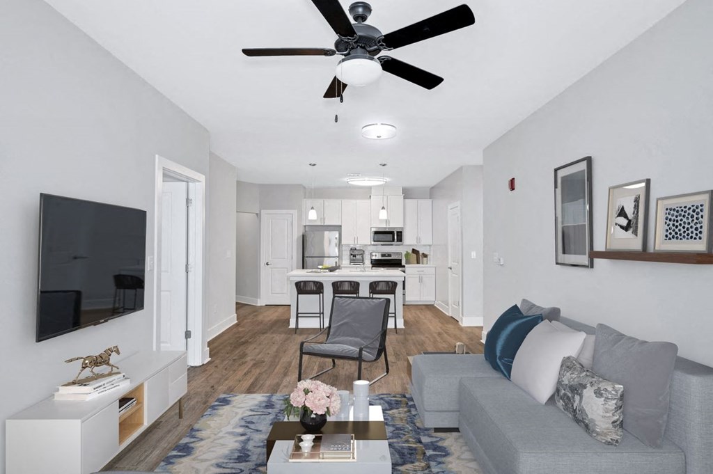 The living room in the Sandstone floor plan at Overlook at Riverside.