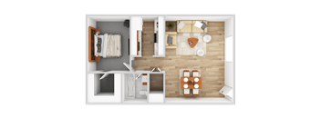 a 3d rendering of a bedroom with a living room and a dining room