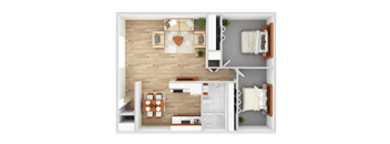 a 3d rendering of a bedroom and living room with a wood floor