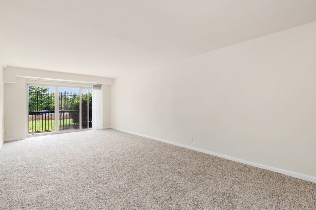 A room with a carpeted floor and a sliding glass door leading to a backyard.