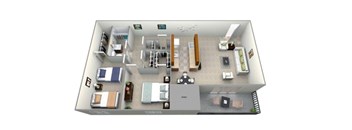 A 3D floor plan of a small apartment with a kitchen, living room, and bedrooms.