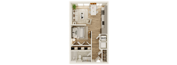 a stylized floor plan with a bedroom and a bathroom