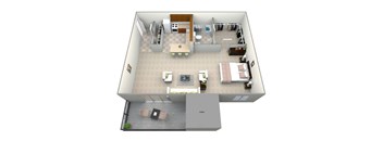 A 3D floor plan of a house with a kitchen, living room, and two bedrooms.