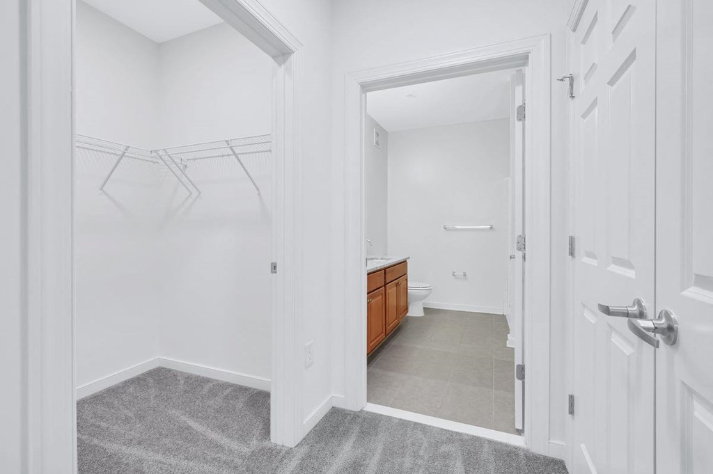 a white bathroom with a walk in closet and a toilet