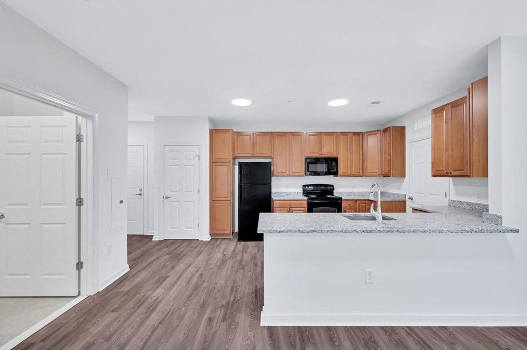 a kitchen with a counter top and