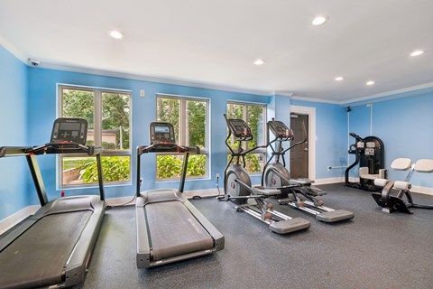 A spacious gym with treadmills, exercise bikes, and other equipment.