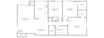A floor plan of a house with a living room, dining room, kitchen, and four bedrooms.