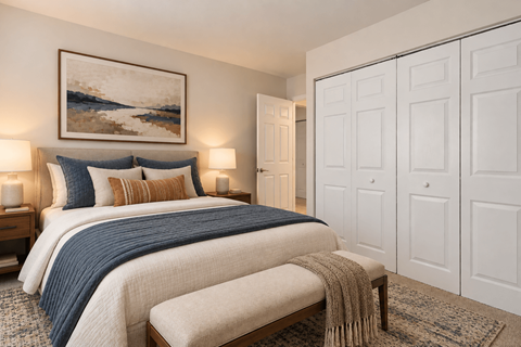 A bedroom with a large bed and a painting on the wall.