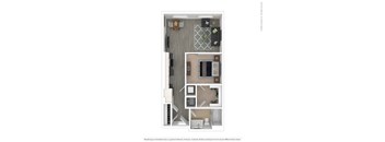 A 3D floor plan of a small apartment with a kitchen, living room, and bathroom.