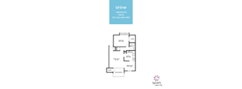 A floor plan for a 1 bedroom, 1 bath apartment with a balcony.