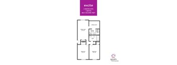 A floor plan for an apartment with two bedrooms and one bathroom.