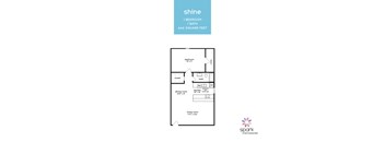 A floor plan for a 1 bedroom, 1 bath, 666 square feet apartment.