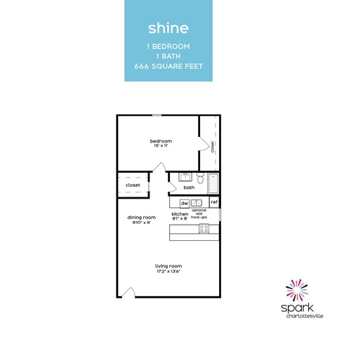 A floor plan for a 1 bedroom, 1 bath, 666 square feet apartment.