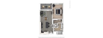 A 3D floor plan of a house with a kitchen, living room, dining room, and bathroom.