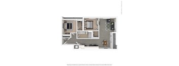 A floor plan of a small apartment with a kitchen, living room, and bedroom.